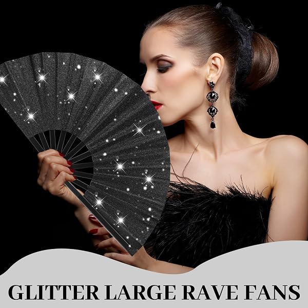ATTRACME 8 PCS LARGE GLITTER FOLDING FANS BULK WITH SLEEVES FOR LINE DANCING, 13-INCH GLITTERY BLACK CLACKING FAN POPPING FANS, LINE DANCE RETRO FOLD FAN FOR FESTIVALS, PARTIES-BLACK
