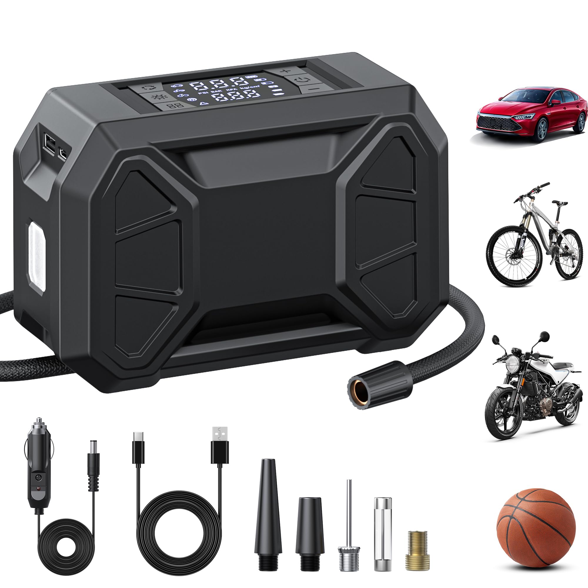 Photo 1 of ***missing attachments **Pumptiva Tire Inflator Portable Air Compressor, 150 PSI Portable Tire Inflator for Car 3X Faster Air Pump For Car Tire 12V DC Dual Power Battery Tire Pump with LED Light Motorcycle, Bike, Ball (Large)