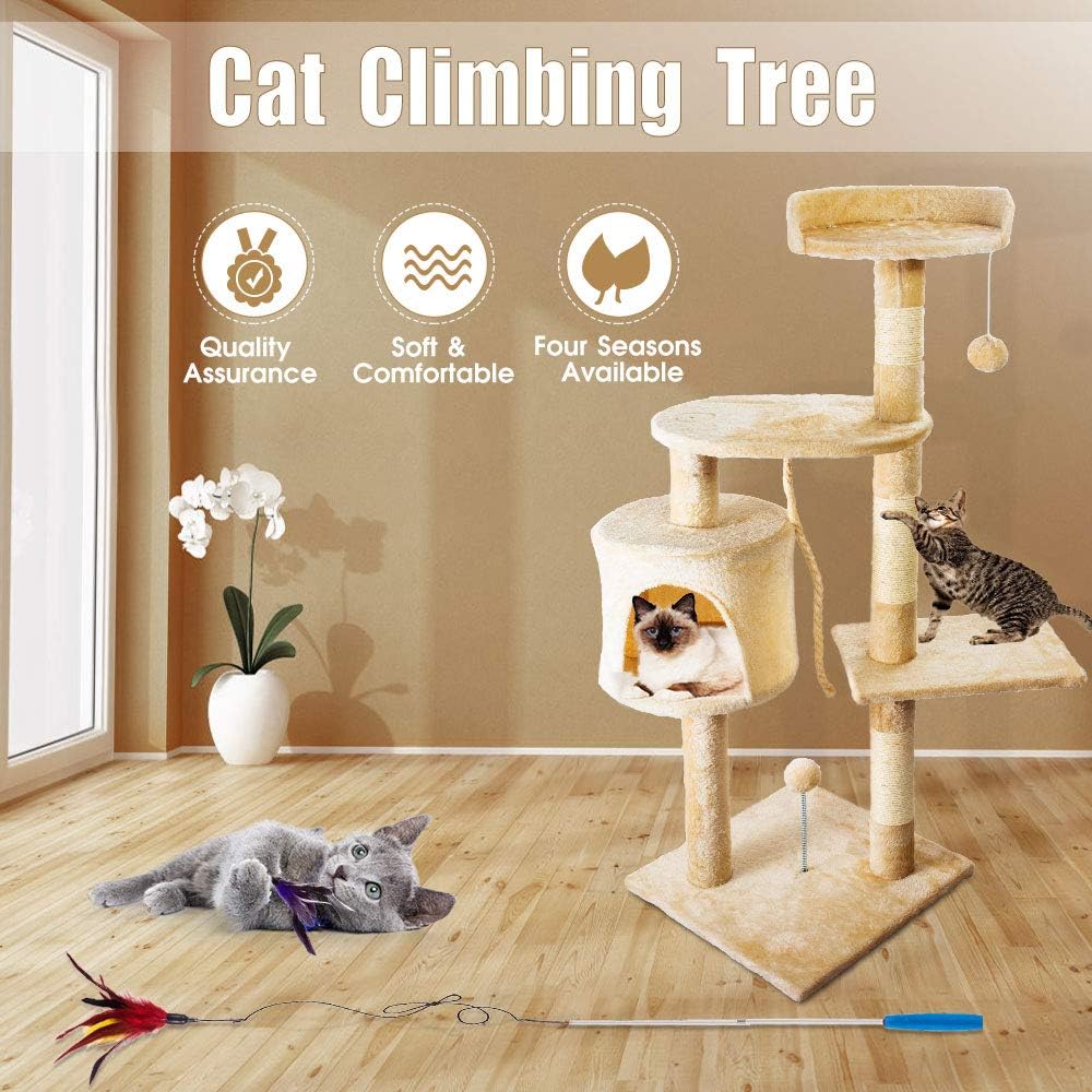 Cat Tree Condo Multi-Level Cat Tower with Sisal Scratching Posts, Cat Scratching Furniture Plush Perches Kitten Activity Tower Kitty Play House, Beige : Pet Supplies