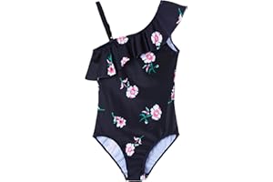 Snowheart Girls Swimsuit One Piece Bathing Suit Kids Summer Hawaiian One Shoulder Ruffle Swimwear for 3-12 Years Old