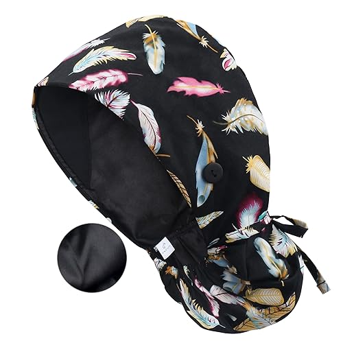 QBA Adjustable Working Cap with Button, Satin Lined Hat, Cotton Working Hat  Sweatband, Elastic Bandage Tie Back Hats for Women Men, One Size,