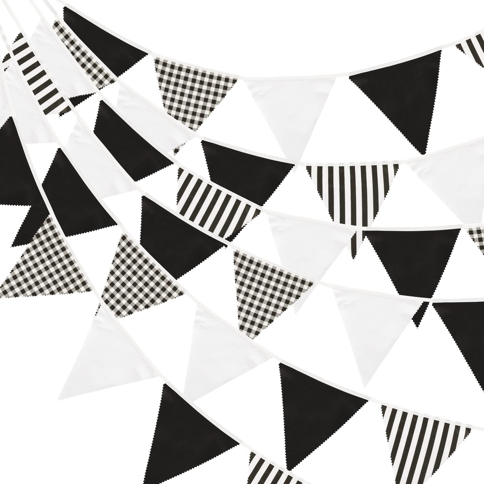 G2PLUS 12M Black and White Fabric Bunting Banner, 19x21CM Reusable Cotton Triangle Flag Garland with 42PCS Strips Checkered Pennants for Garden Tea Parties — image 1