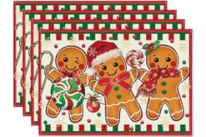 Artoid Mode Gingerbread Candy Cane Christmas Placemats Set of 4, 12x18 Inch Seasonal Table Mats for Party Kitchen Dining Decoration