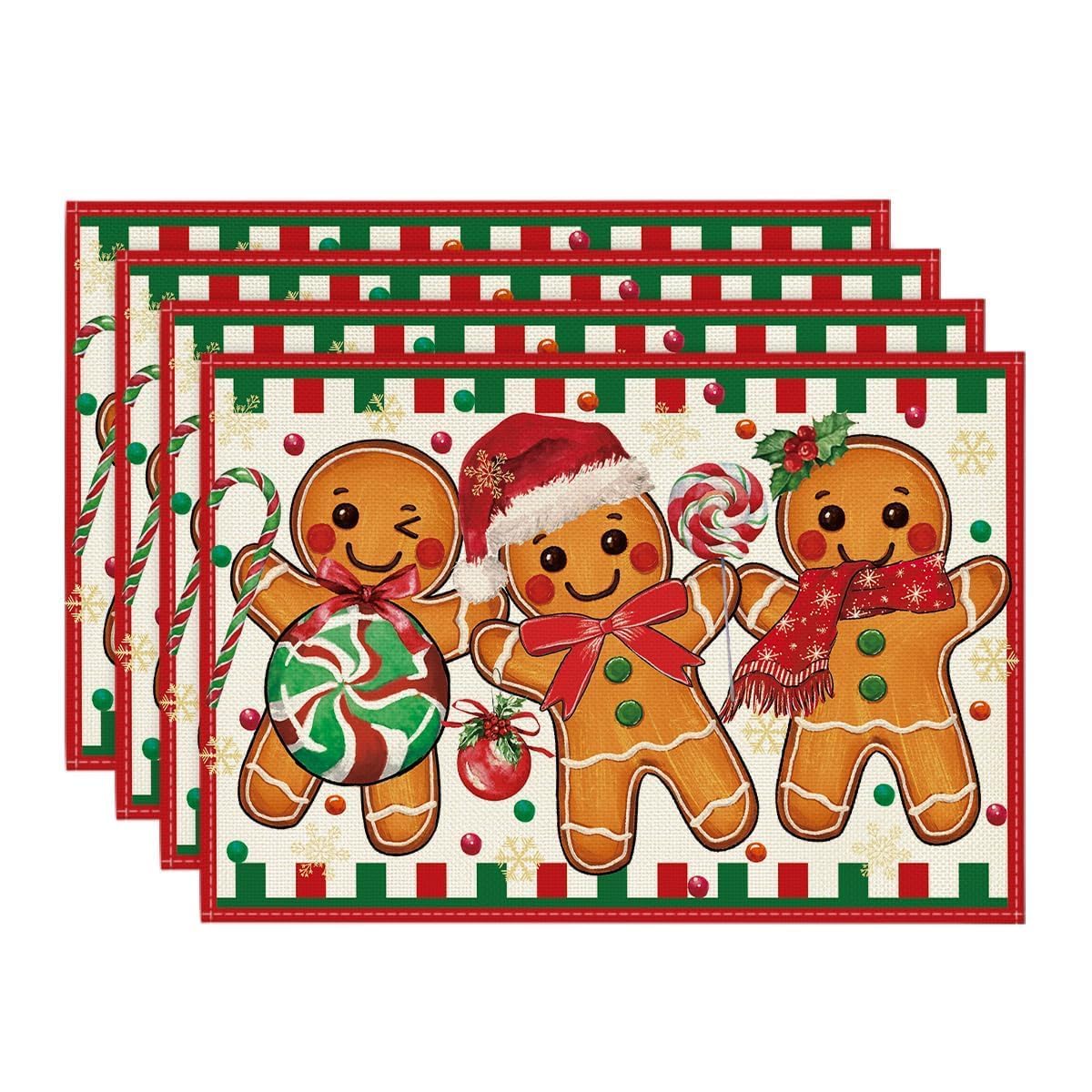 View 1 of Artoid Mode Gingerbread Candy Cane Christmas Placemats Set of 4, 12x18 Inch Seasonal Table Mats for Party Kitchen Dining Decoration