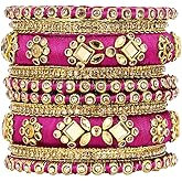 Aheli Silk Thread Fabric and Stone Studded Kundan Chura Chuda Bangles Set Gift for Women Size