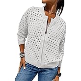 Djeanxa Long Sleeve Zip Up Sweaters for Women Hollow Out Crochet Knit Jacket Casual Fall Cropped Sweater Outwear
