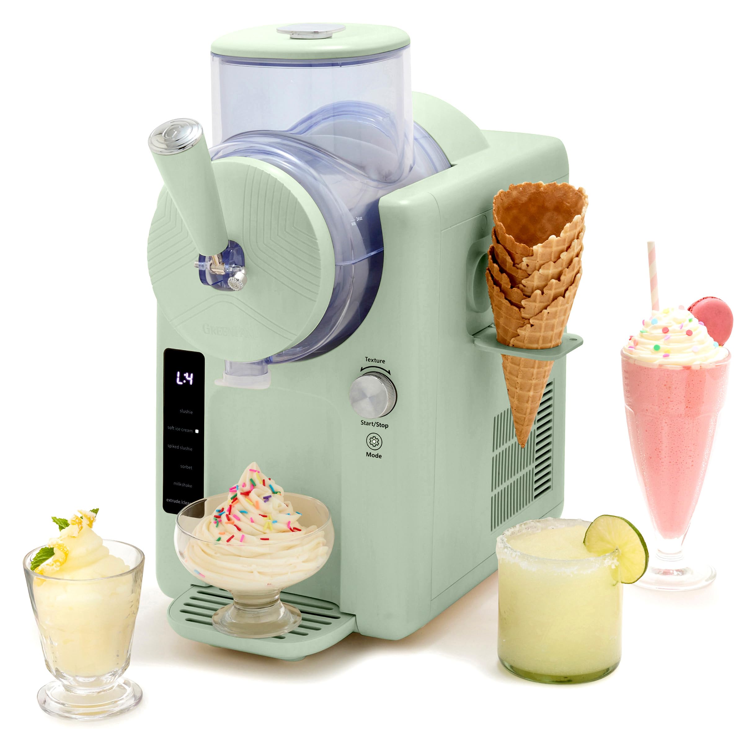 GreenPan Frost Máquina para hacer helados y bebidas congeladas, servicio suave, granizados, sorbetes, batidos y cócteles, no necesita congelador, 7 texturas, silencioso y rápido, fácil de limpiar, tamaño familiar, pistacho salvia