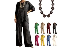 Women's Two-Piece Loose Linen Set Asymmetrical 3/4 Sleeve Oversized Top Wide Leg Palazzo Pants Beach Cruise Outfit