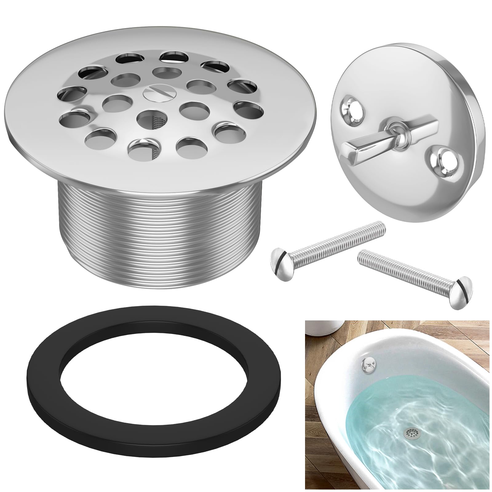 Photo 1 of Trip Lever Tub Trim Kit Set with Two Hole Overflow Face Plate, Premium Brass Trip Lever Bathtub Drain w/Strainer, Bathtub Drain Assembly Stopper Kit Overflow Plate and Matching Screws, Brushed Nickel
