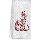 Fuasei Rose Floral Cat Kitchen Towel, Floral Cat Hand Towel for Bathroom Decor, Kitten Dish Tea Towel for Kitchen Decor, Pet Gifts for Kitten Lovers Women Girls, 16x24 Inch