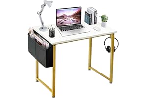 Lufeiya Small Computer Desk White Writing Table for Home Office Small Spaces 31 Inch Modern Student Study Laptop PC Desks with Gold Legs Storage Bag Headphone Hook,White Gold