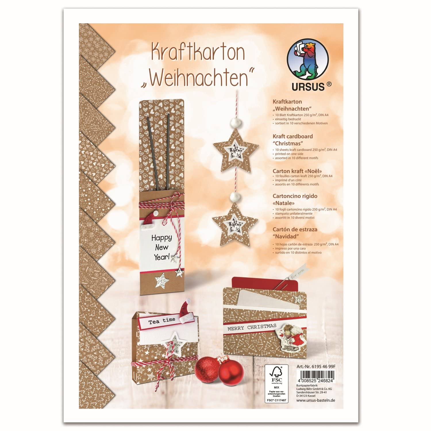 Ursus 61954699F – Kraft Cardboard Christmas, 250 g/m² DIN A4, 10 Sheets Craft Cardboard, One Side with 10 Different Designs in White, Ideal for Crafting Cards and Gift Tags