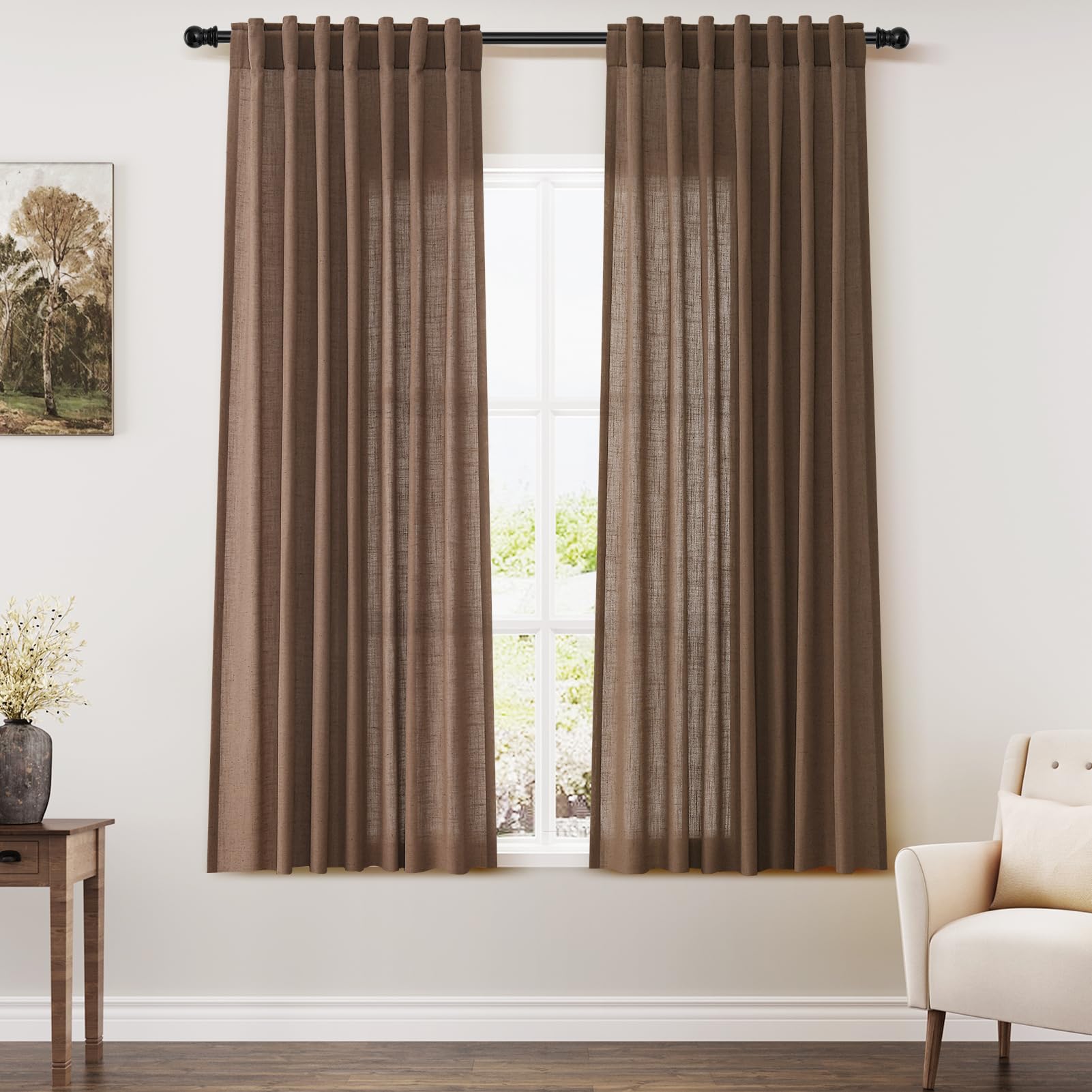 Photo 1 of Nanspring Caramel Brown Linen Curtains 63 Inches Length 2 Panels Set for Living Room Back Tab Pocket Light Filtering Semi Sheer Drapes Elegant Farmhouse Cotton Linen Textured Window Curtain 52X63