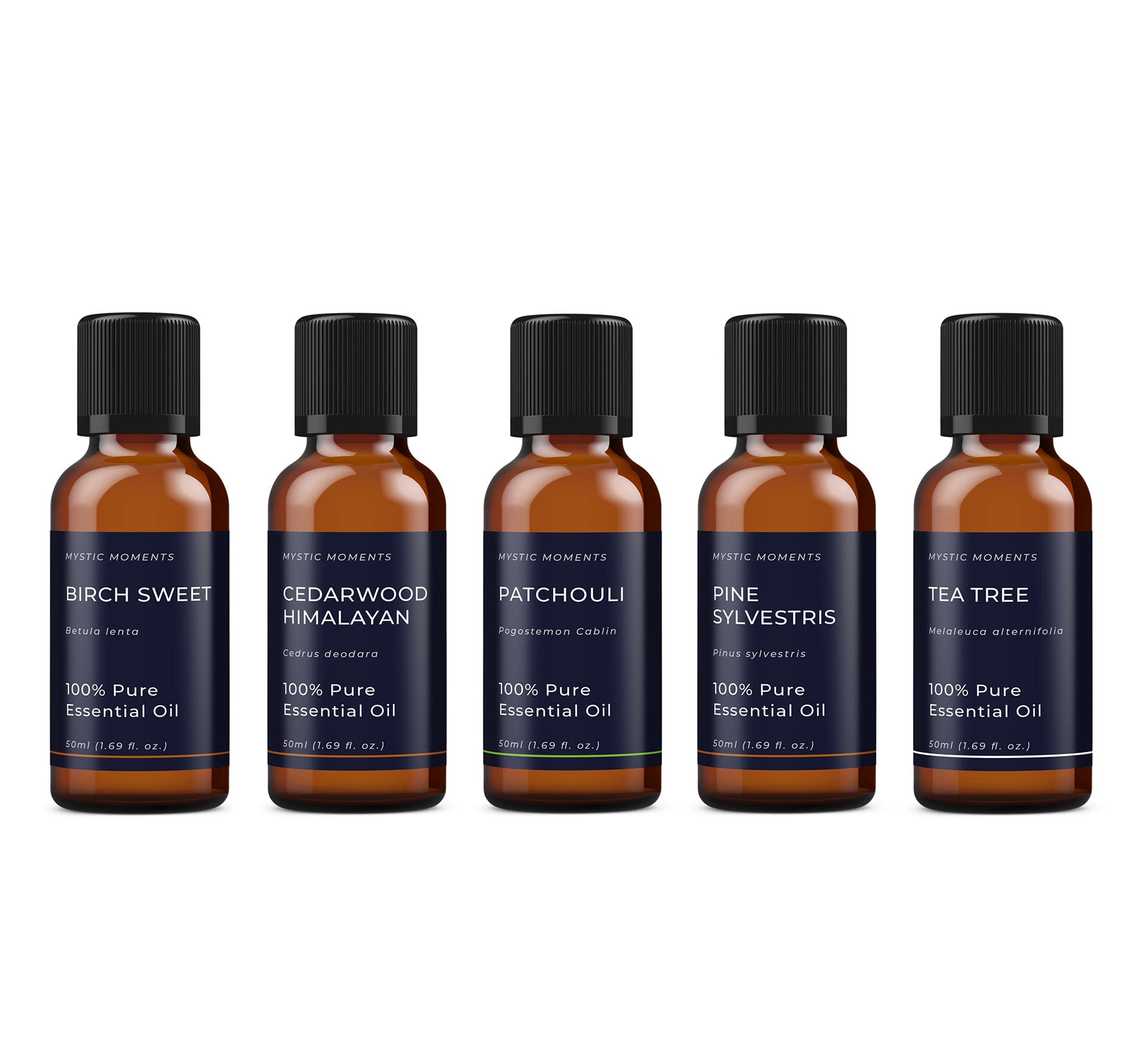 Mystic Moments | Woodland Essential Oils Gift Starter Pack | 5 x50ml 100% Pure Aromatherapy Oils | Birch Sweet, Cedarwood Himalayan, Patchouli, Pine Sylvestris, Tea Tree