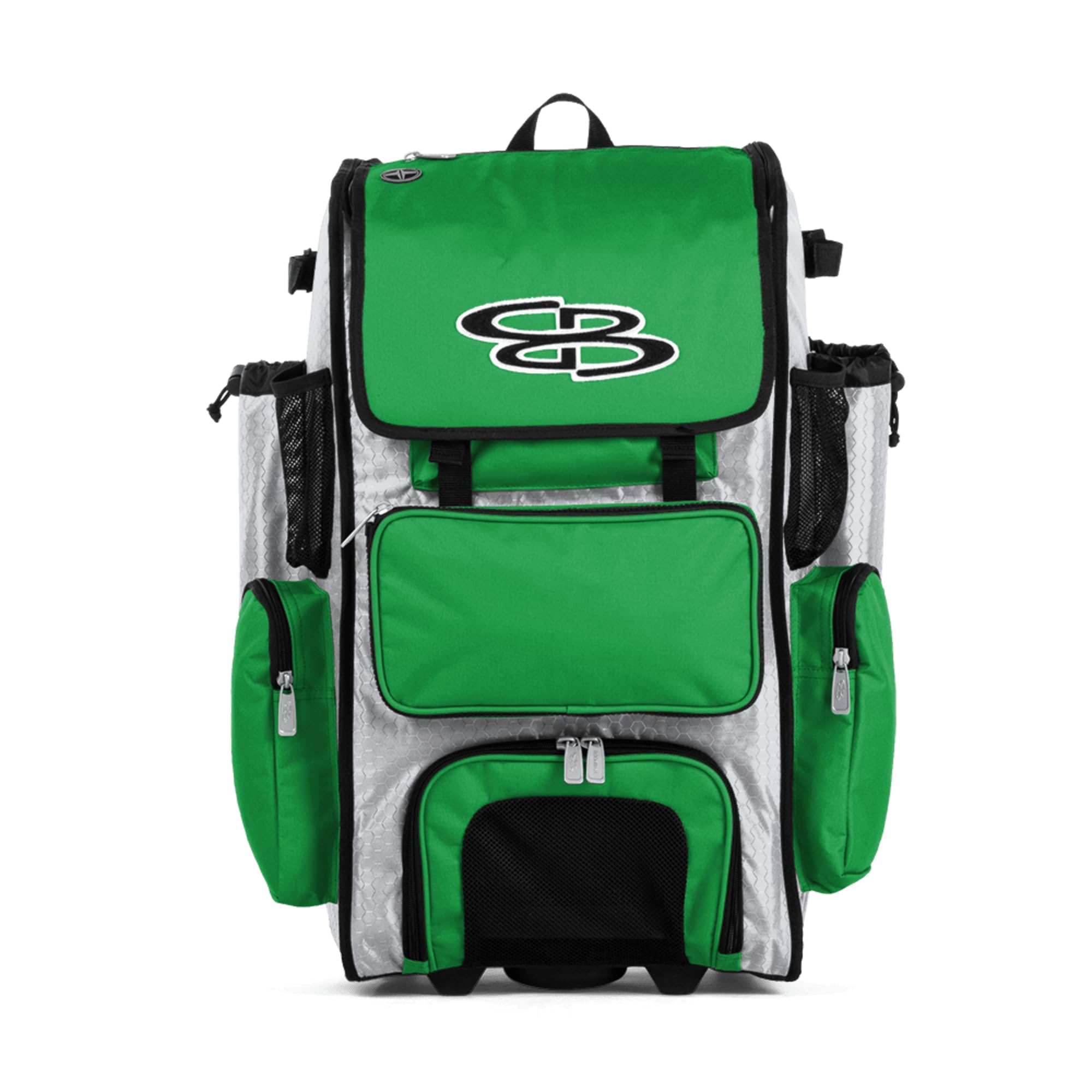 Boombah Rolling Superpack Baseball/Softball Gear Bag - 23-1/2" x 13-1/2" x 9-1/2" - White/Kelly Green - Telescopic Handle - Holds 4 Bats - Wheeled Version Image