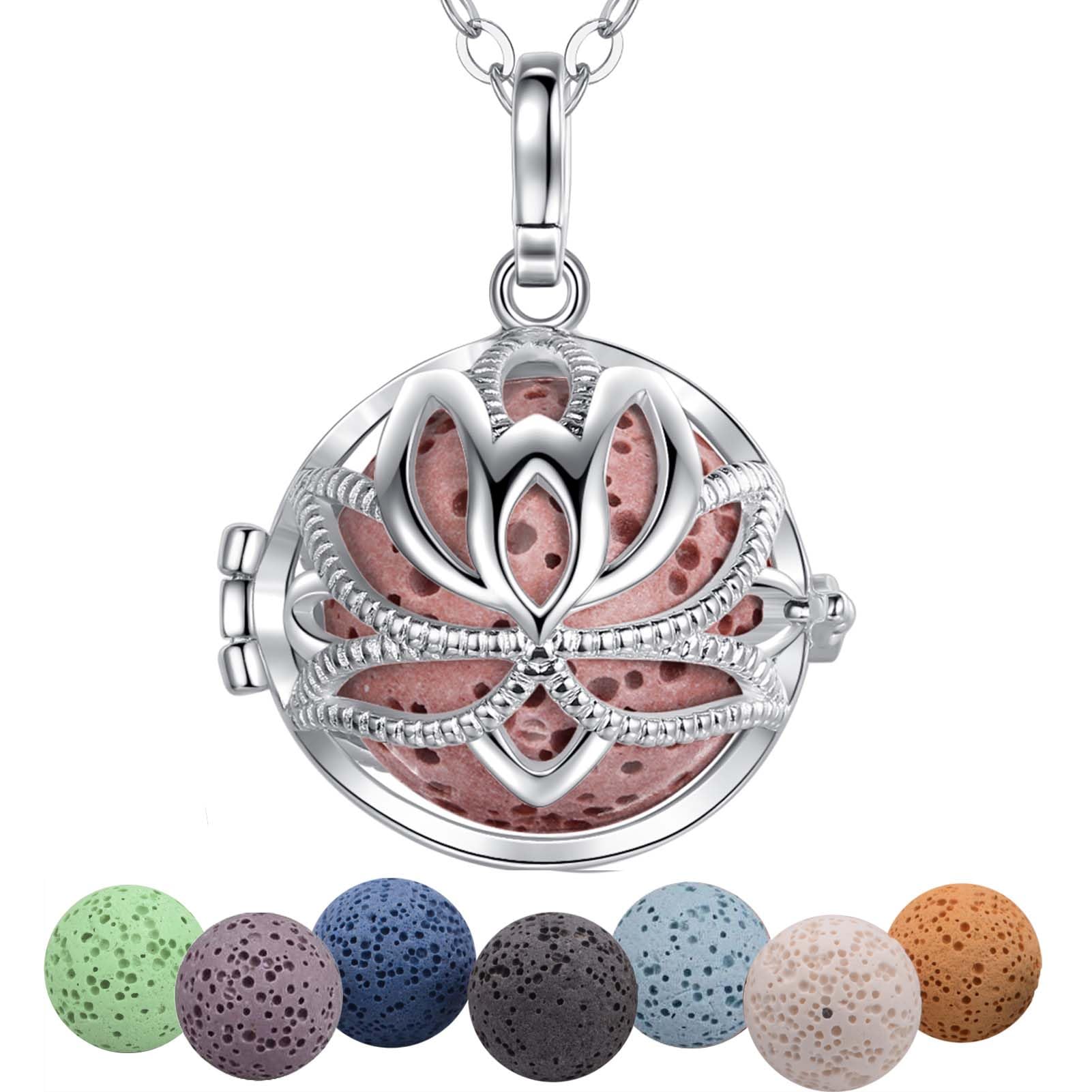 INFUSEU Essential Oils Necklace Diffuser, Diffusers Aromatherapy Hollow Lotus Classical Pendant Essential Perfume Aroma Locket With 7 Lava Stones & Chain 24"