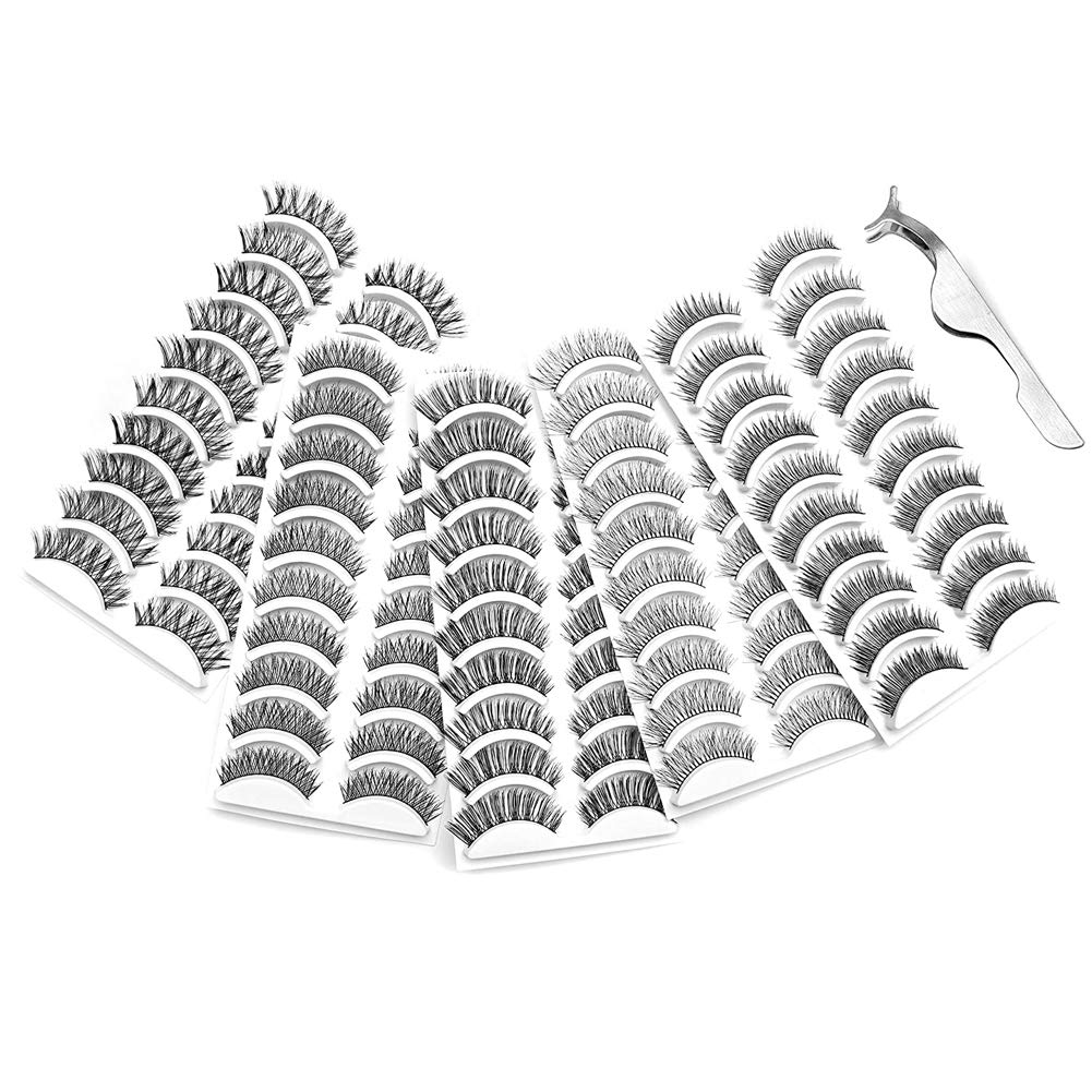 TEEROVA 50 Pairs 5 Styles False Eyelashes Set Professional Handmade Natural Soft and Comfortable Fake Eyelashes Pack with Free Eyelash Tweezers, 10 Pairs Eyes Lashes Each Style