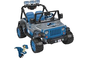 Power Wheels Jurassic World Dino Damage Jeep Wrangler Ride-On Toy with Lights, Sounds and Dinosaur Toy, Multi-Terrain Traction, Preschool Toy, Seats 2