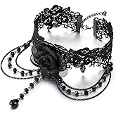 COOLSTEELANDBEYOND Black Rose Gothic Choker Necklace Victorian Lace Design with Beads Retro Costume Statement Jewelry