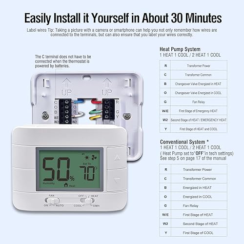 Non-Programmable Heat Pump Thermostat for House Heat/1 Cool