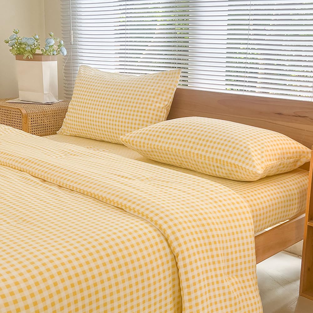 NSNLGSGC King Size Comforter Set, Yellow Gingham Bedding Comforter Sets, Yellow Grid Bed Comforter 3 Pieces (1 Comforter, 2 Pillowcases)