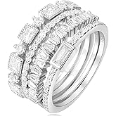 RYANEE 4 Pcs Cubic Zirconia Wedding Bands for Women 925 Sterling Silver, 14k White Gold Plated AAA CZ Solitaire Eternity Rings, Stackable Simulated Diamond Engagement Wedding Ring Sets for bride