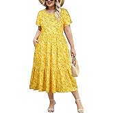 Younrui Women's Plus Size Midi Casual Dress with Pockets 1X-4X Tiered Short Sleeve Relax Fit Crewneck Summer Dresses