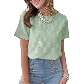 Dokotoo Women's Tops Casual Scoop Neck Short Sleeve Eyelet Embroidered Hollow Out Blouses Shirts