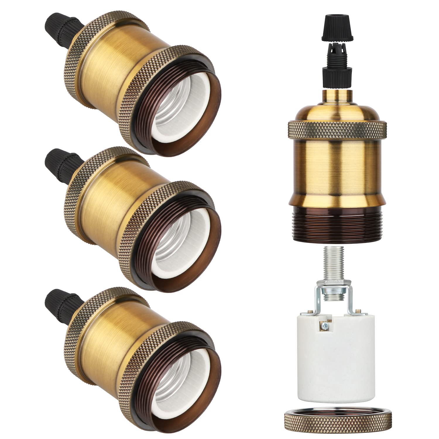 Zevnico E27 Lamp Holder, 4 Pcs E27 Bulb Holder, Brass Vintage Socket Light Bulb Holders, Ceramic Rated 4A 250V, for DIY Pendant Ceiling Hanging Light Retro Style Edison Screw Lamp Holders Adaptor