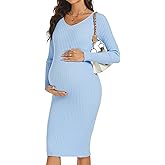 WANTROY Maternity Dress Long Sleeve V Neck Knit Stretchable Sweater Dresses Pregnancy Clothes for Photoshoot Baby Shower