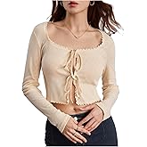 SHENHE Women's Tie Front Lace Trim Square Neck Long Sleeve Knit Shirt Going Out Crop Top