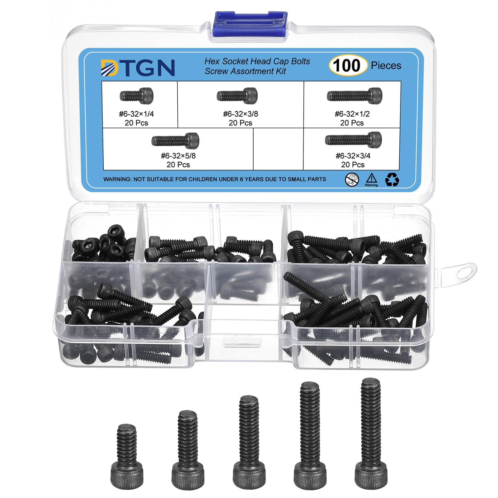 DTGN 100Pcs #6-32 Bolts Socket Head Screws Kit, #6-32 Screw Assortment, 12.9 Grade Steel #6-32 x 1/4", 3/8", 1/2", 5/8", 3/4" Hex Socket Head Cap Screws Bolt Set for 3D Printing DIY