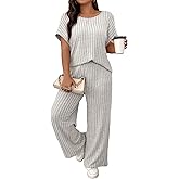 Floerns Women's Plus Size Short Sleeve Tee Shirt Wide Leg Pants 2 Piece Tracksuit
