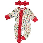Ayalinggo Newborn Baby Romper Infant Girl One-piece Outfit Waffle Ruffle Zip Footie Spring Summer Clothes With Bow Headband