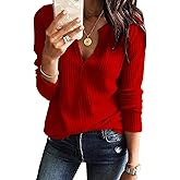 Women's V Neck Waffle Knit Henley Tops Casual Long Sleeve Pullover Sweater Blouses
