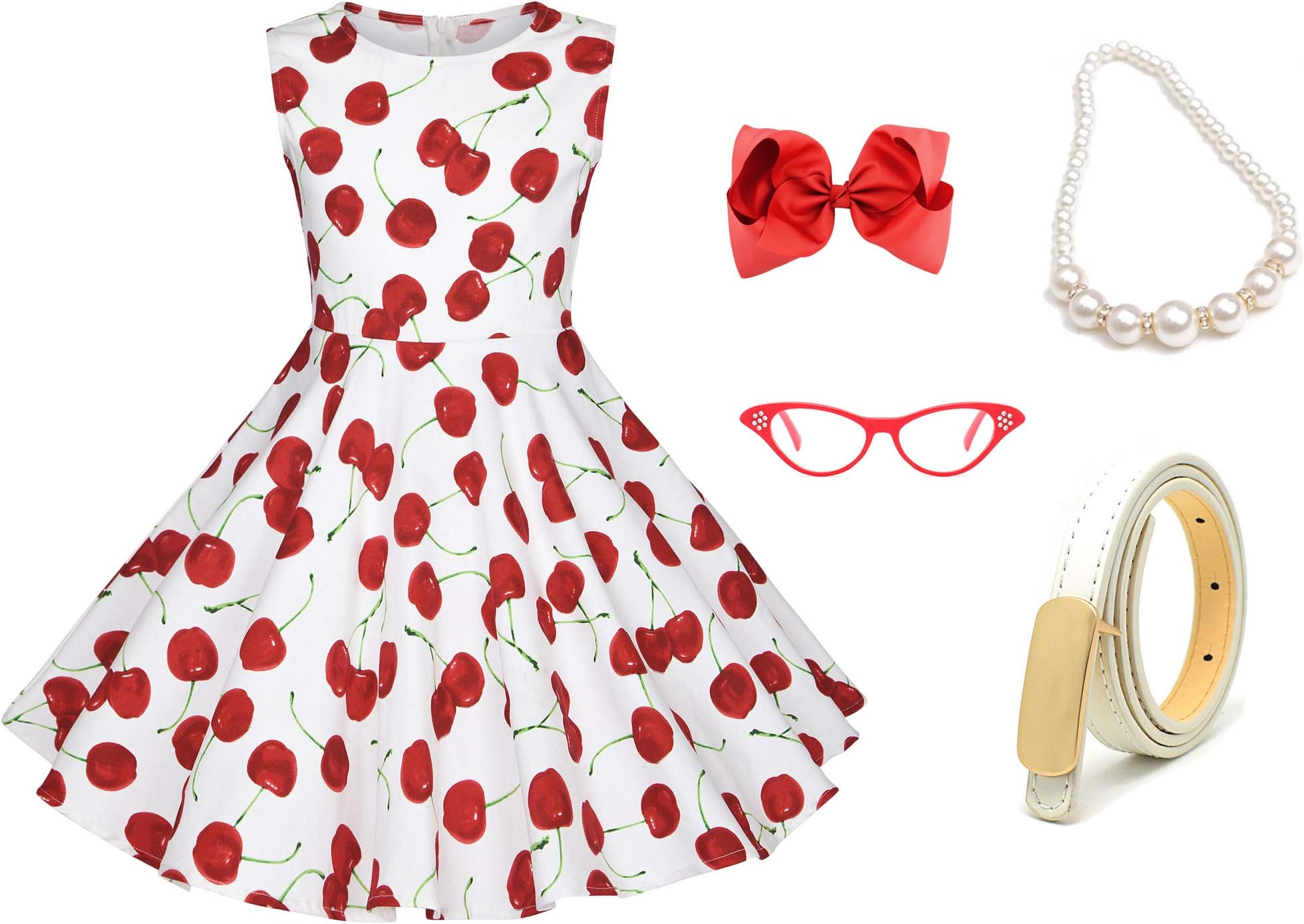 50s Girls Vintage Swing Dresses Casual Party Outfits Costume Dress Set with 50's Accessories Set of 5