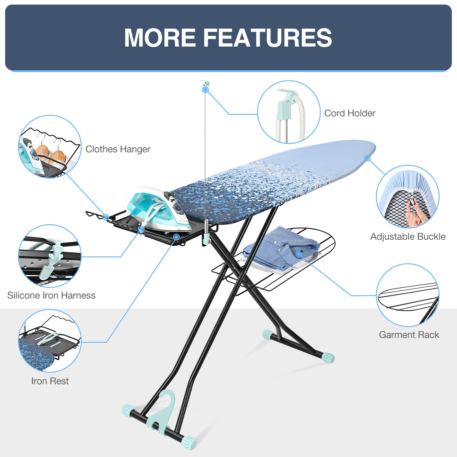 APEXCHASER Full Size Ironing Board,15x45 Metal Panel Iron Board with Iron Rest, Heat & Scorch Resistant Cover, Adjustable Height Heavy Duty Ironing Board with Germent Rack, for Home, Dorm, Ligh Blue