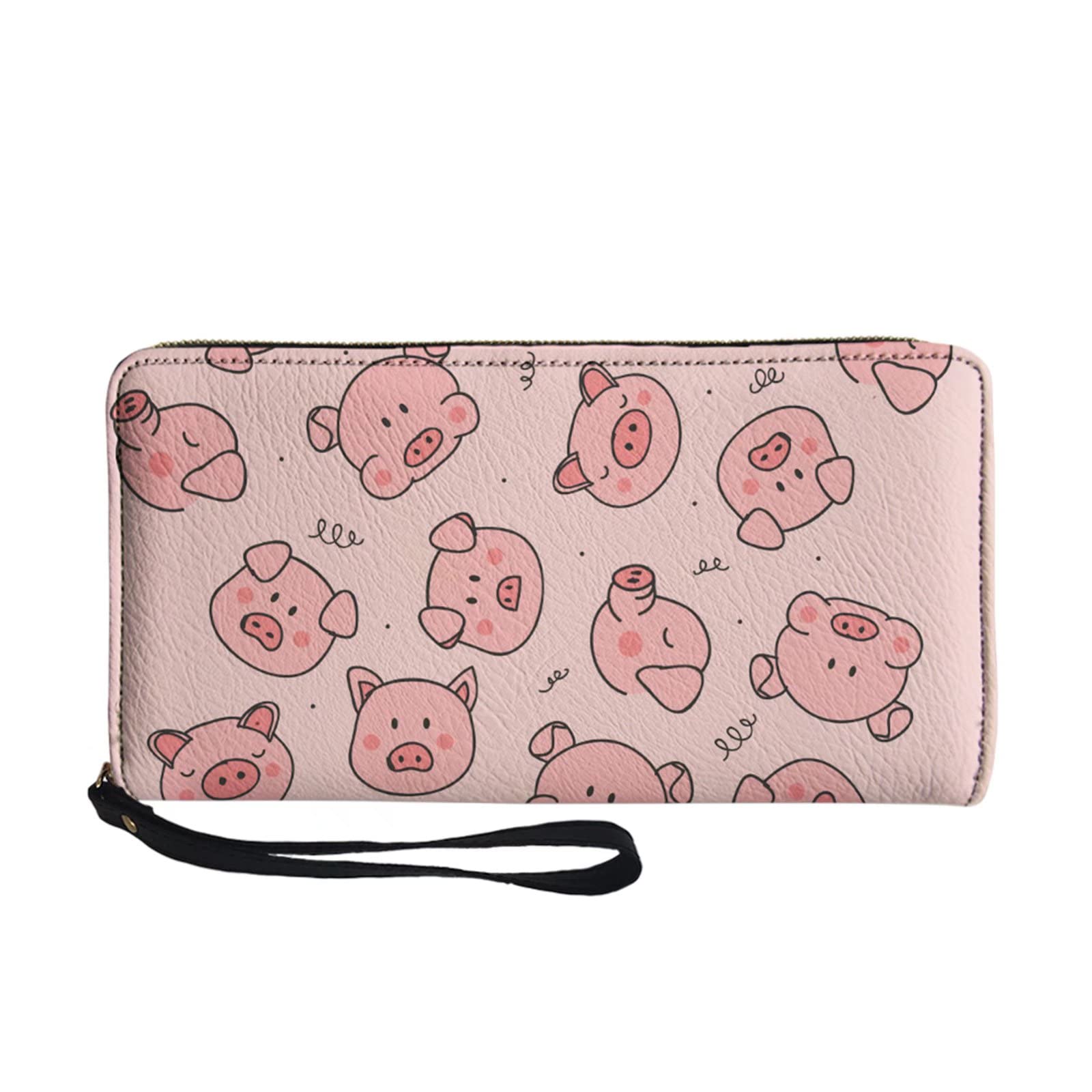 SCRAWLGOD Around Zip Wallet for Teen Girls Cute Pink Pig Animal Printed Card Holder Phone Wristlet Organizer PU Leather Coin Purse