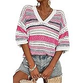 jonivey Womens 3/4 Sleeve V Neck Fall Casual Crochet Knit Sweater Hollow Out Striped Tops Vacation Outfits