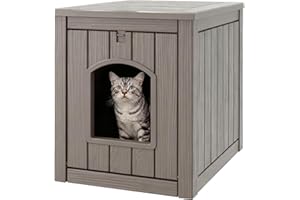 LHBcraft Cat Litter Box Enclosure, Hidden Litter Box Furniture, Feral Clawsable Cat Houses for Outdoor Indoor Cats Shelter, Sturdy Resin Material for Living, Patio, Easy to Assemble, Grey