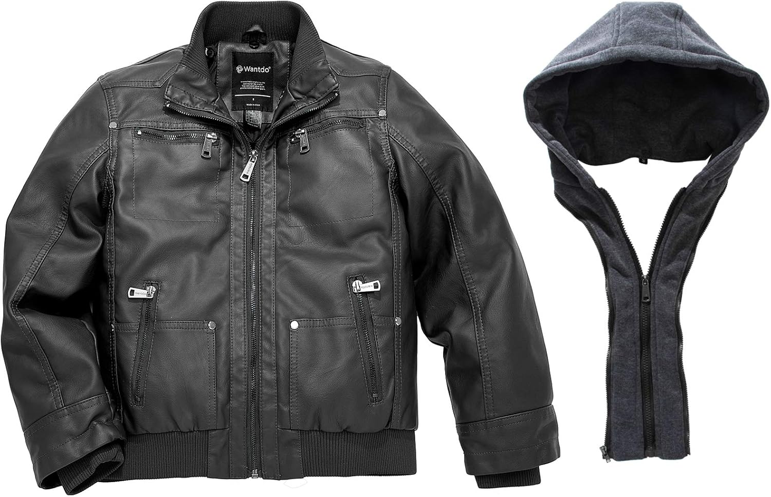Wantdo Boy's Faux Leather Jacket Waterproof Zipper Coat with Removable Hood: Clothing