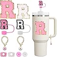 Mity rain 10pcs Set Designed for Stanley Cup Accessories - Including Straw Cover Cap, Letter Charm, Letter Stickers, Tumbler Spill Proof Stoppers for Stanley 40oz/ 30oz Pink Decorations (R)