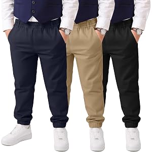 Yooo's Vivi 3 Pack Toddler Boys Uniform Pants | Back to School, Baby Boys Chino Jogger Pants, with Pockets, Elastic Waistband