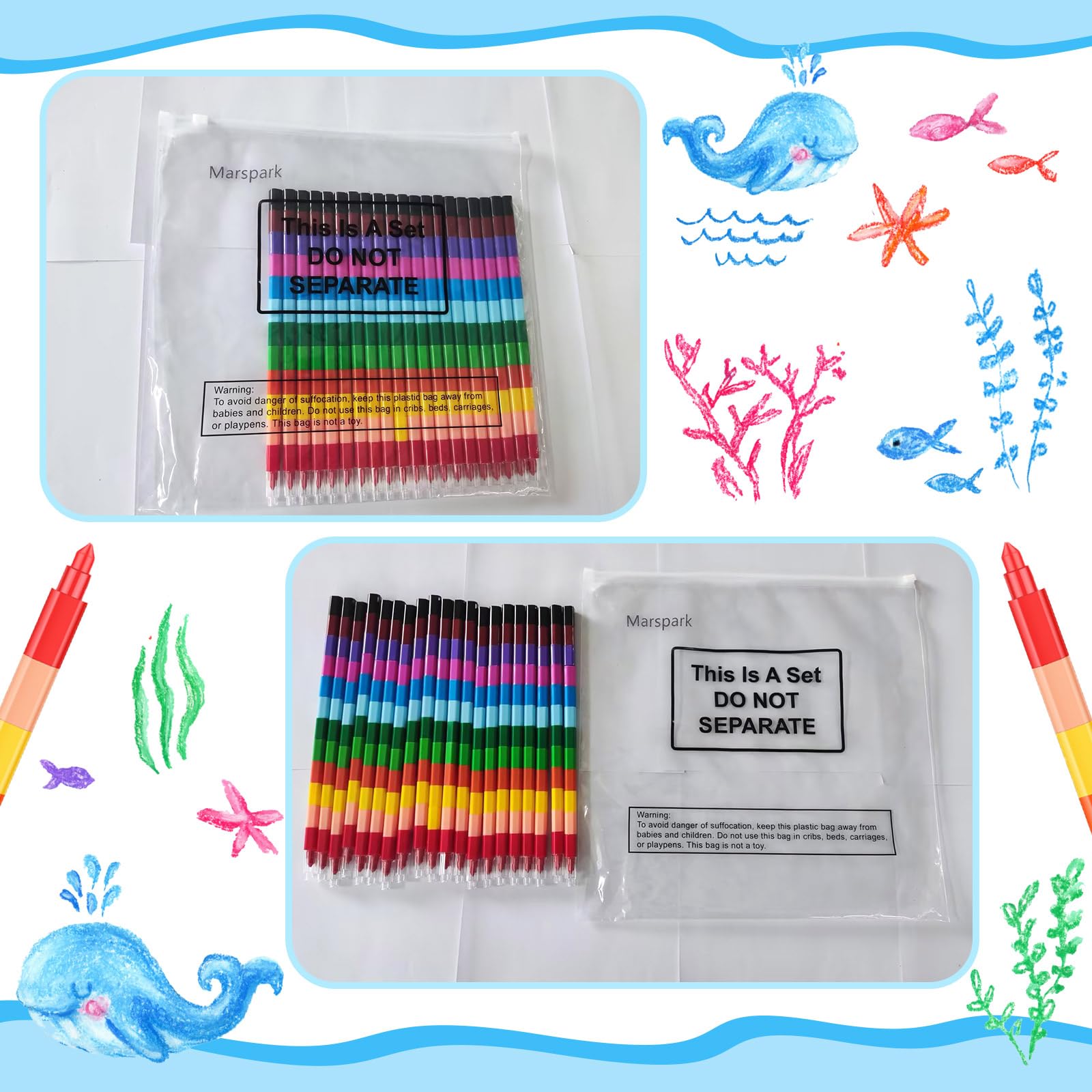 Marspark 20 Pcs Stackable Crayons Stacking Buildable Crayons Colorful Stackable Pencils Party Favors DIY Rainbow Pencil for School Office Birthday Party, 12 Colors(Vivid Color,Flat)