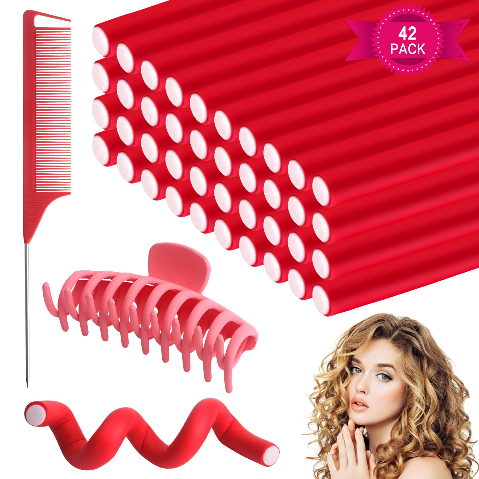 40 PCS Foam Hair Curler Rods, No Heat Flexible Hair Curling Rollers Red Soft Twist Hair Roller with Comb Large Hair Claw, Flexible Rods for DIY Hairs Styling Salon (24x1.2cm)