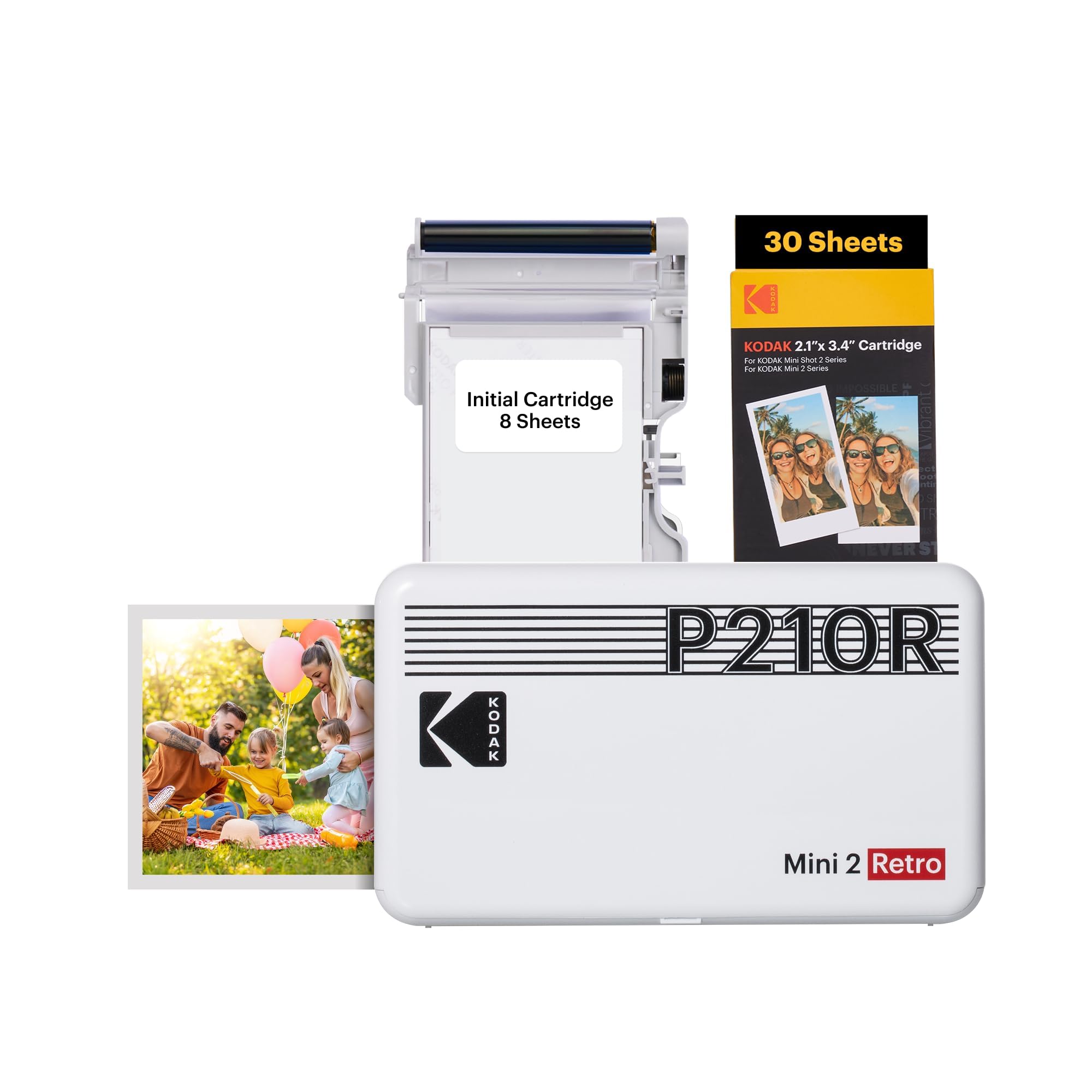 Kodak Mini 2 Retro 4PASS Portable Photo Printer, 2.1x3.4 inches, 38 Sheets Bundle, White