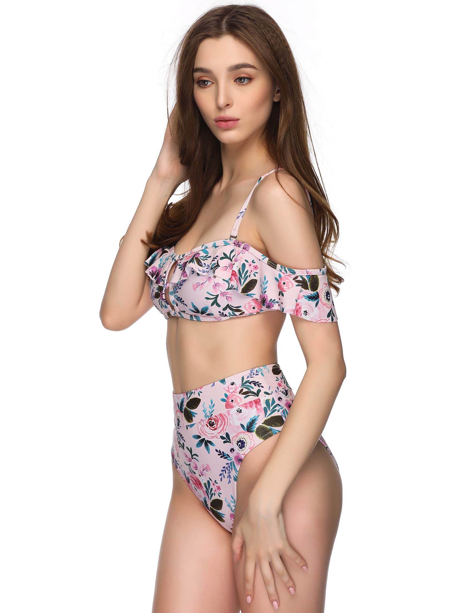 Verano Playa Women Bikini Swimsuits Two Piece Off Shoulder Bandeau Crop Ruffled Flounce Top High Waisted Bottom Bathing Suit