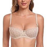 Lemorosy Women's Demi Balconette Bra 1/2 Cup Push Up Lace Unlined Underwire Sexy Sheer Mesh Multiway Balcony Bralette