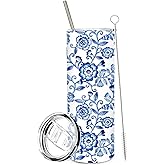 FYSUIMU 1Pc White and Blue Flower Tumbler with Lid Straw 20oz Chinoiserie Floral Stainless Steel Travel Tumbler Cup Boxed for Spring Holiday Wedding Birthday Iced Coffee