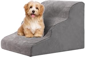 SEASXOLTE 3 Steps Dog Stairs for Small Dogs, 15.7 inch High Pet Stairs, 30D Foam Dog Dtairs & Steps, Curved Steps and Small Step Angle Protect Your Pet's Joints, Dog Ramp for Bed，with Non-Slip Bottom, Grey